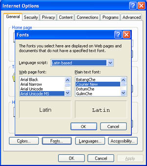 Internet Options Fonts Dialog Window